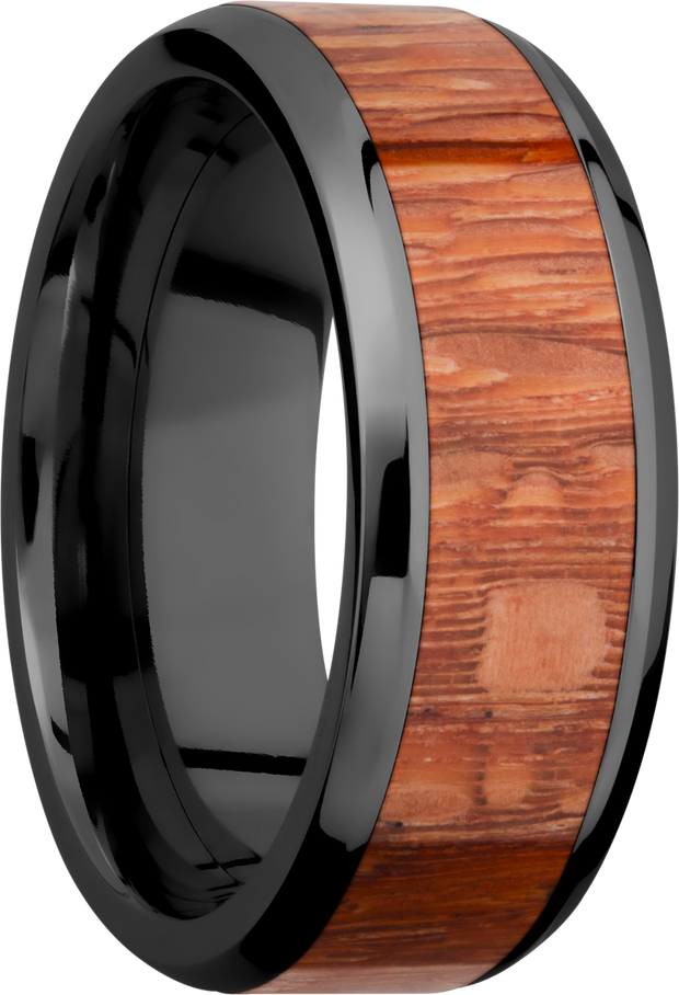 Zirconium 8mm beveled band with an inlay of Leopard hardwood