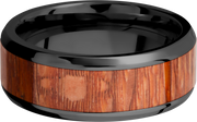 Zirconium 8mm beveled band with an inlay of Leopard hardwood