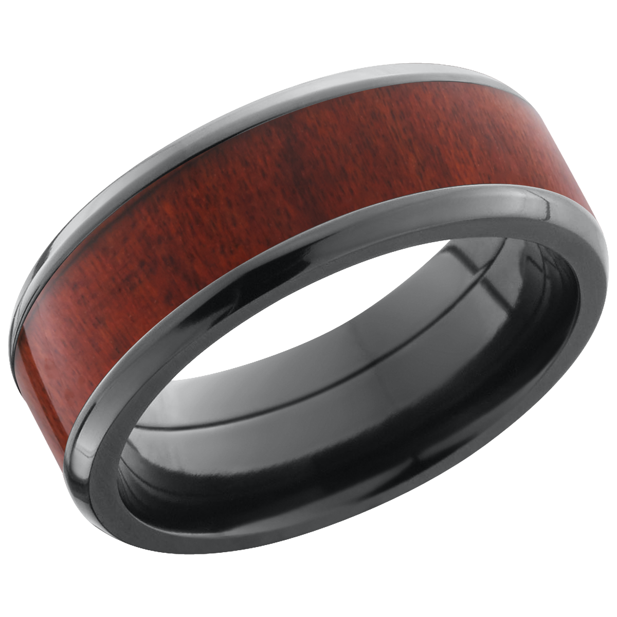 zirconium 8mm beveled band with an inlay of honduras redheart hardwood