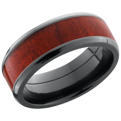 Zirconium 8mm beveled band with an inlay of Honduras Redheart hardwood