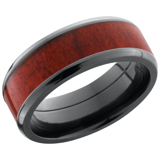 Zirconium 8mm beveled band with an inlay of Honduras Redheart hardwood