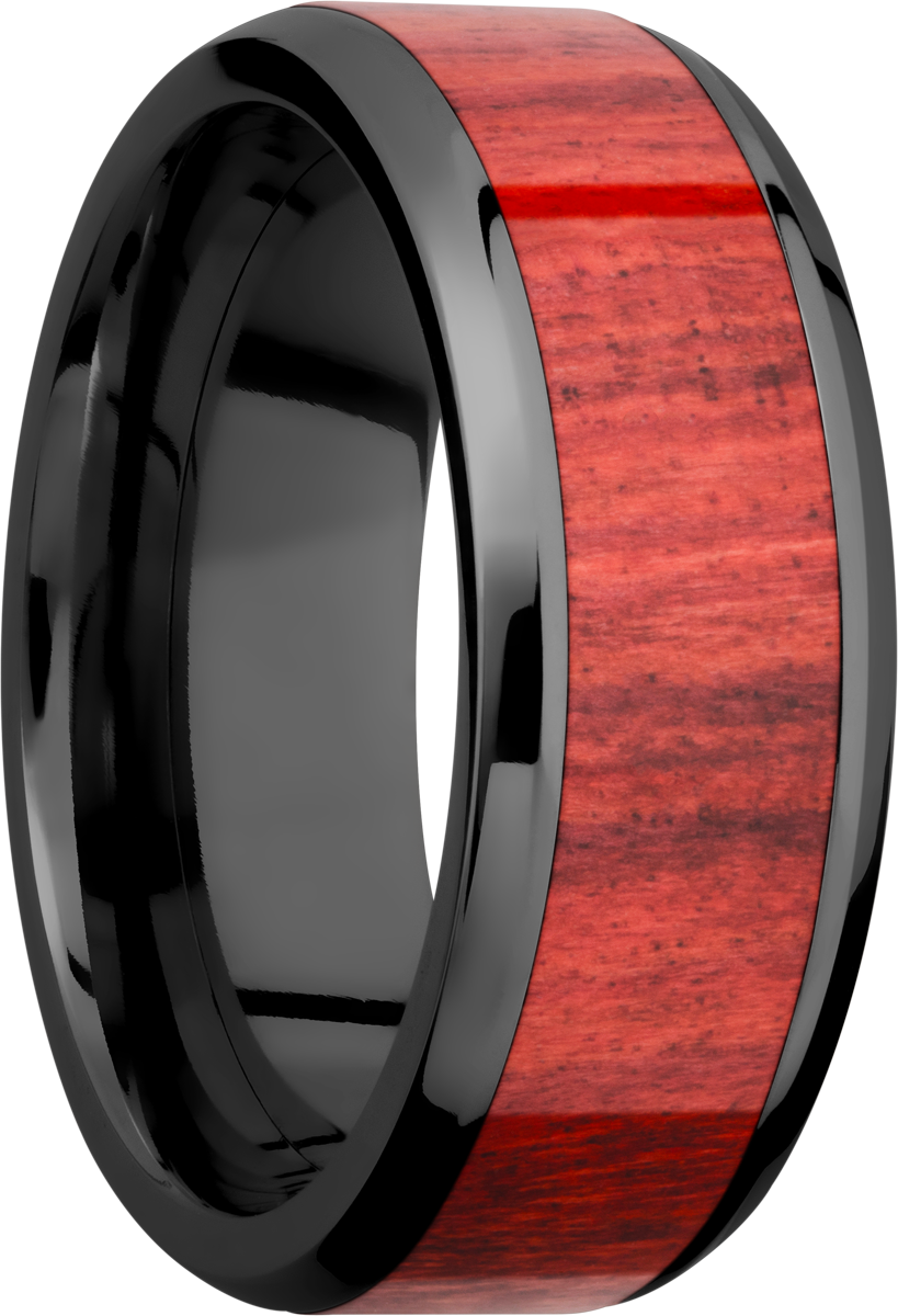 zirconium 8mm beveled band with an inlay of honduras redheart hardwood