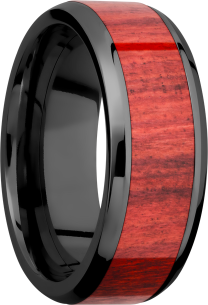 Zirconium 8mm beveled band with an inlay of Honduras Redheart hardwood