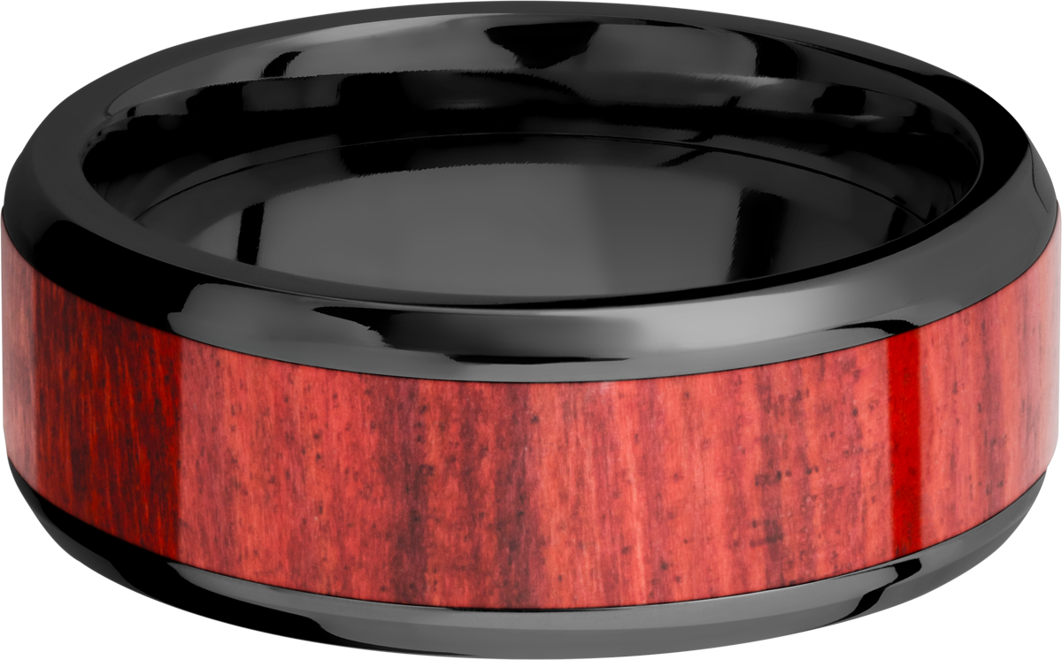 zirconium 8mm beveled band with an inlay of honduras redheart hardwood