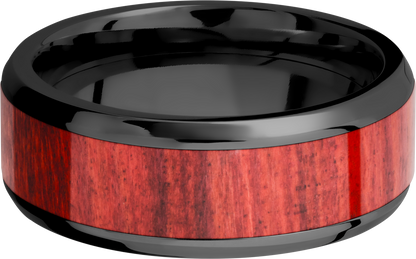 Zirconium 8mm beveled band with an inlay of Honduras Redheart hardwood