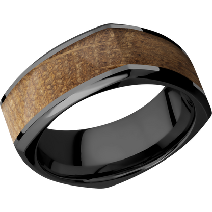 Zirconium 8mm beveled square band with an inlay of Whiskey Barrel hardwood