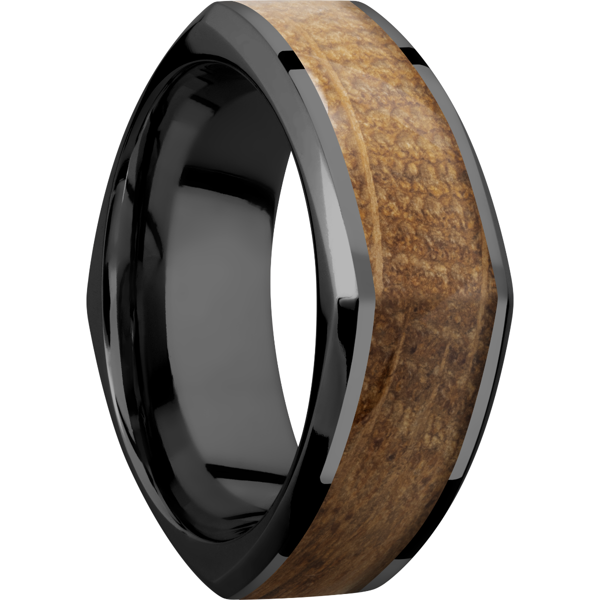 zirconium 8mm beveled square band with an inlay of whiskey barrel hardwood