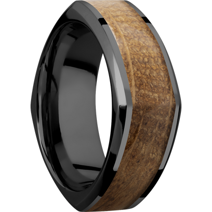 Zirconium 8mm beveled square band with an inlay of Whiskey Barrel hardwood