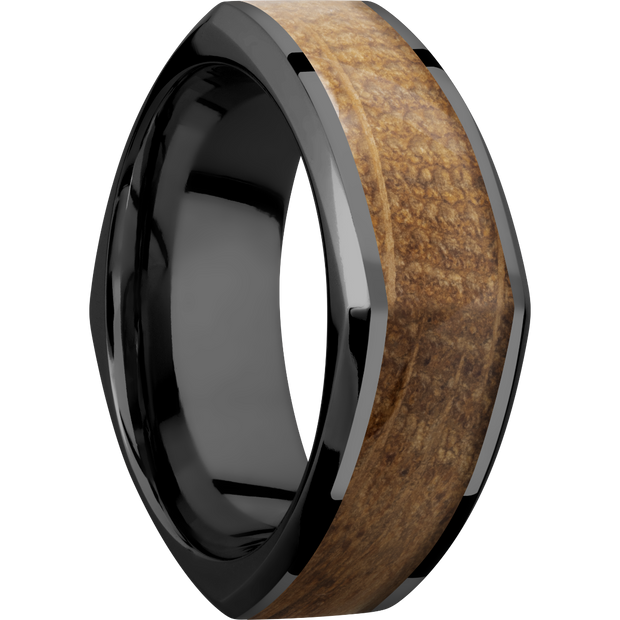 Zirconium 8mm beveled square band with an inlay of Whiskey Barrel hardwood