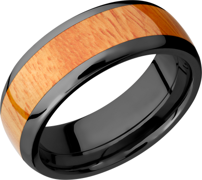 Zirconium 8mm domed band with an inlay of Osage Orange hardwood