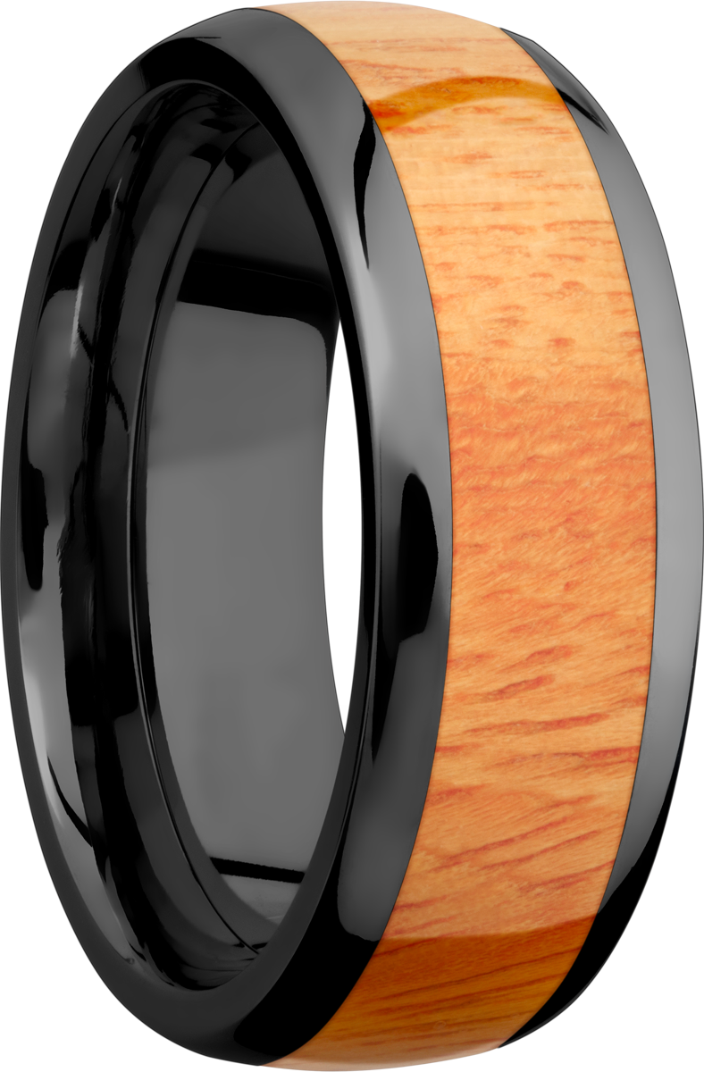 zirconium 8mm domed band with an inlay of osage orange hardwood