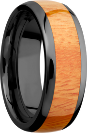 Zirconium 8mm domed band with an inlay of Osage Orange hardwood