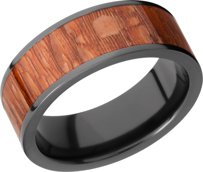 Zirconium 8mm flat band with an inlay of Leopard wood