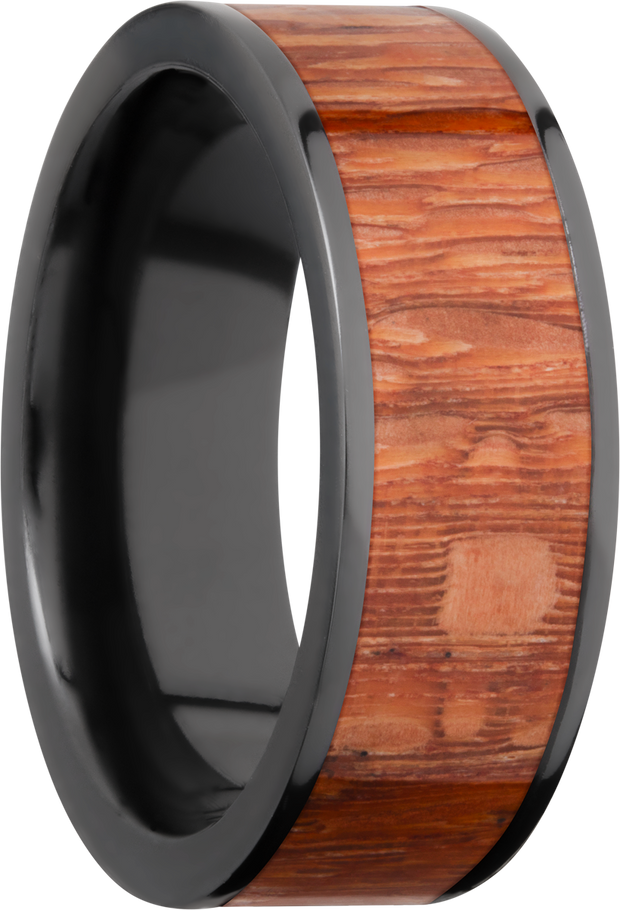 Zirconium 8mm flat band with an inlay of Leopard wood