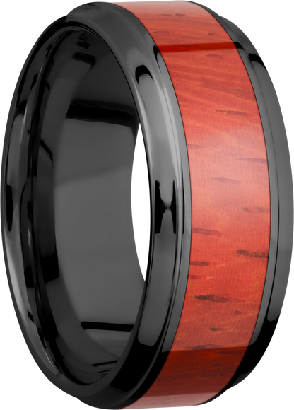 Zirconium 9mm beveled band with an inlay of Padauk hardwood