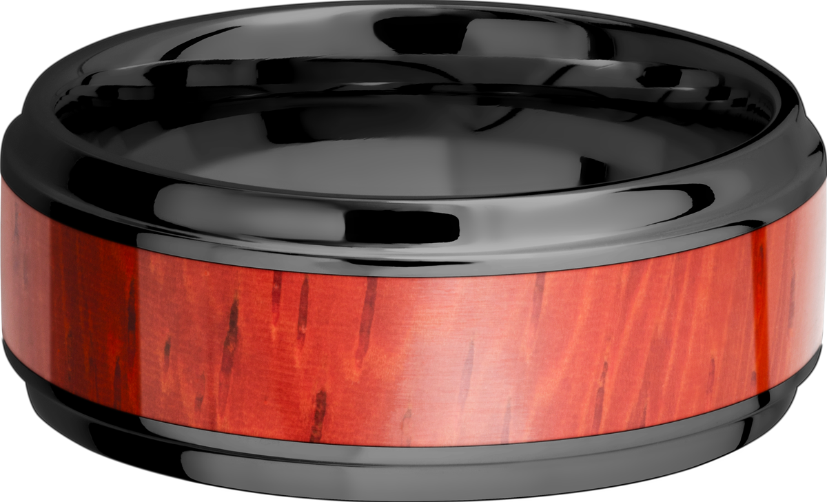 zirconium 9mm beveled band with an inlay of padauk hardwood