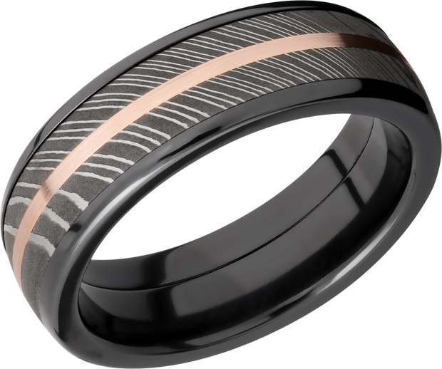 Zirconium domed 7mm band with a 5mm inlay of handmade Damascus steel and a 1mm inlay of 14K rose gold