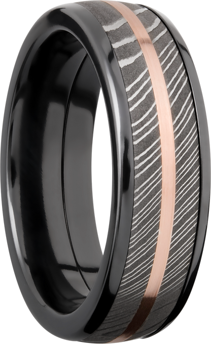 Zirconium domed 7mm band with a 5mm inlay of handmade Damascus steel and a 1mm inlay of 14K rose gold