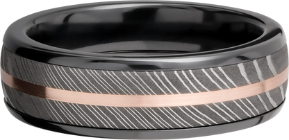 Zirconium domed 7mm band with a 5mm inlay of handmade Damascus steel and a 1mm inlay of 14K rose gold