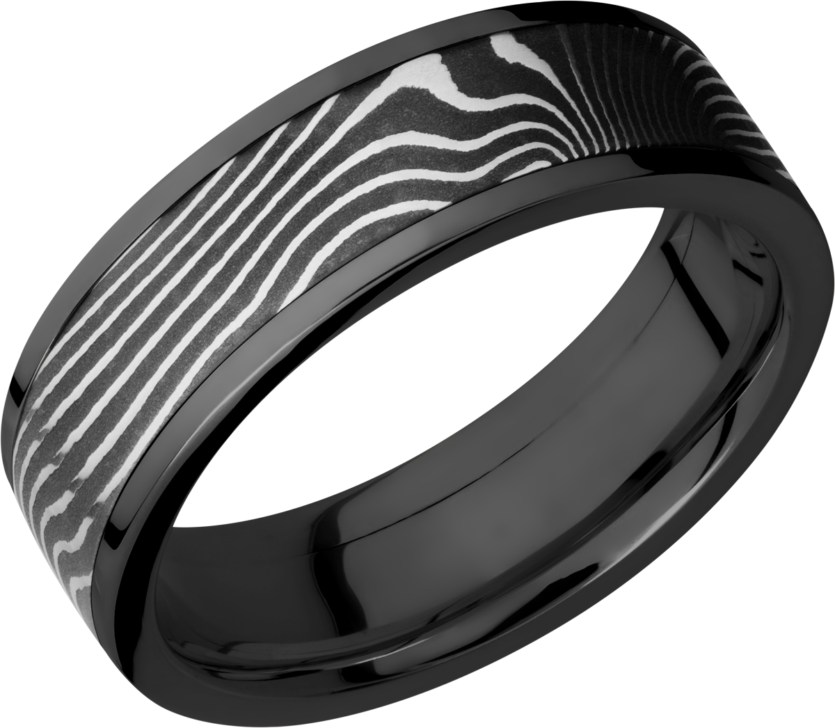 zirconium flat 7mm band with a 5mm inlay of handmade flattwist damascus steel