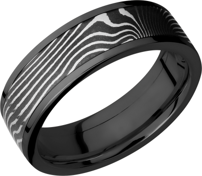 Zirconium flat 7mm band with a 5mm inlay of handmade flattwist Damascus steel