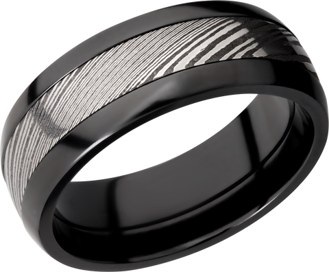 Zirconium domed 8mm band with a 4mm inlay of handmade Damascus steel