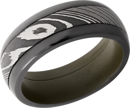 Zirconium pressed fit 8mm domed band with a 4mm inlay of Damascus steel and a Cerakote sleeve