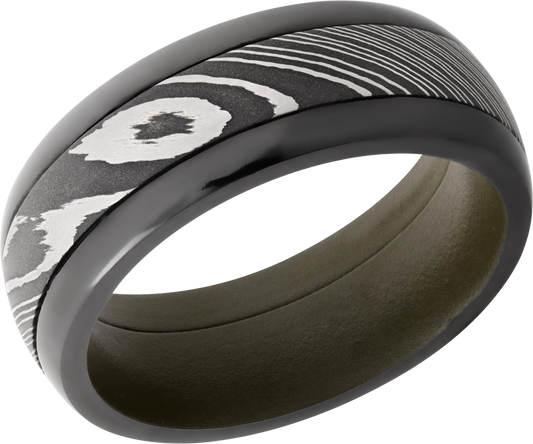 Zirconium pressed fit 8mm domed band with a 4mm inlay of Damascus steel and a Cerakote sleeve