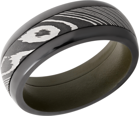 Zirconium pressed fit 8mm domed band with a 4mm inlay of Damascus steel and a Cerakote sleeve