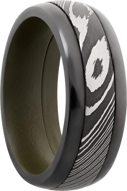 Zirconium pressed fit 8mm domed band with a 4mm inlay of Damascus steel and a Cerakote sleeve