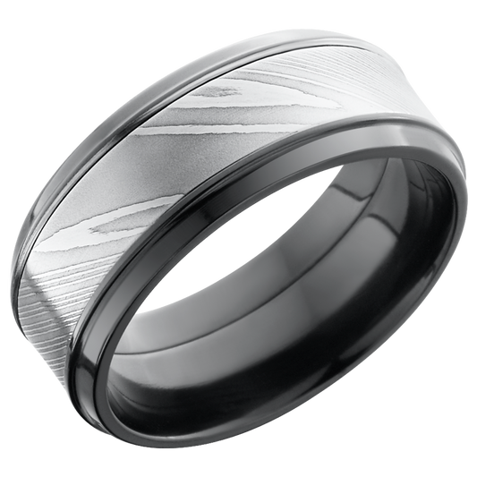 Zirconium 9mm beveled band with an inlay of handmade Damascus steel